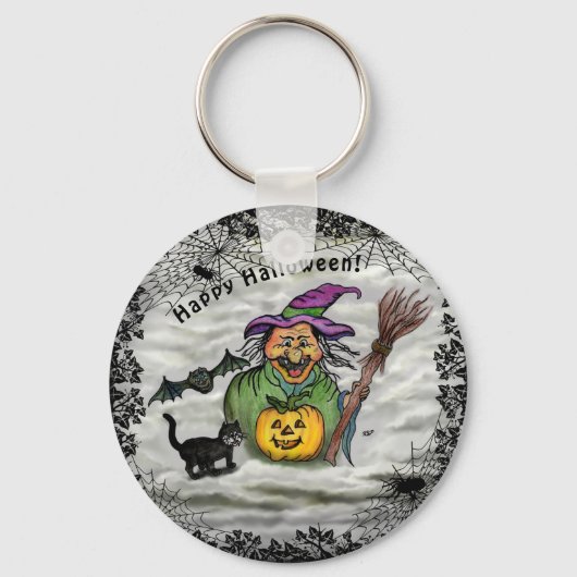 魔女、ネコ、こうもり、カボチャ、ハッピーハローウィン! キーホルダー (正面)