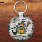 魔女、ネコ、こうもり、カボチャ、ハッピーハローウィン! キーホルダー (正面)