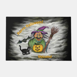 魔女、ネコ、こうもり、カボチャ、ハッピーハローウィン! ドアマット