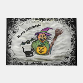 魔女、ネコ、こうもり、カボチャ、ハッピーハローウィン! ドアマット
