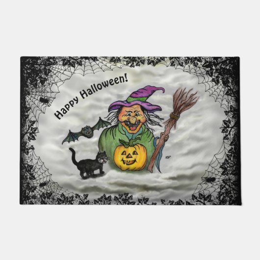 魔女、ネコ、こうもり、カボチャ、ハッピーハローウィン! ドアマット (正面)