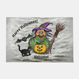 魔女、ネコ、こうもり、カボチャ、ハッピーハローウィン! ドアマット