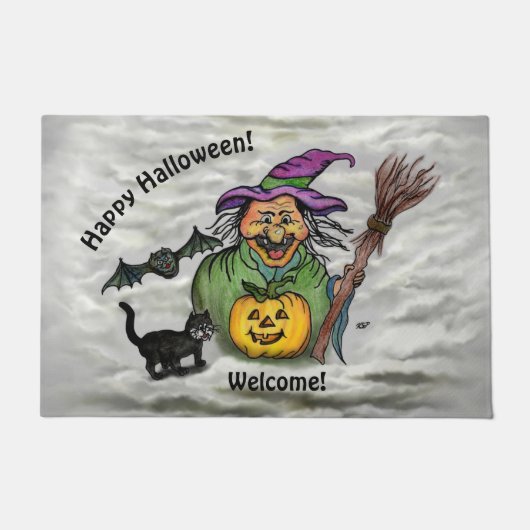 魔女、ネコ、こうもり、カボチャ、ハッピーハローウィン! ドアマット (正面)
