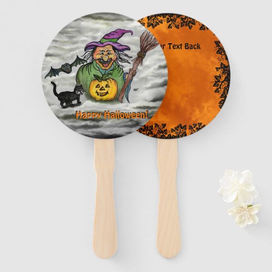 魔女、ネコ、こうもり、カボチャ、ハッピーハローウィン! ハンドファン (正面&裏面)