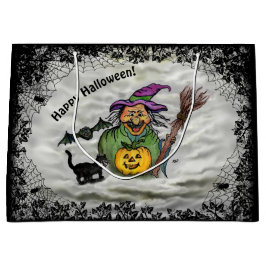 魔女、ネコ、こうもり、カボチャ、ハッピーハローウィン! ラージペーパーバッグ