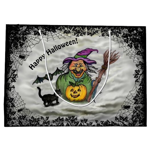 魔女、ネコ、こうもり、カボチャ、ハッピーハローウィン! ラージペーパーバッグ (裏面)