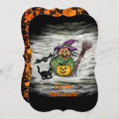 魔女、ネコ、こうもり、カボチャ、ハッピーハローウィン! 招待状 (正面/裏面)