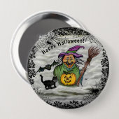 魔女、ネコ、こうもり、カボチャ、ハッピーハローウィン! 缶バッジ (正面&裏面)