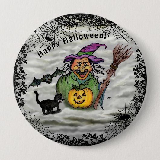 魔女、ネコ、こうもり、カボチャ、ハッピーハローウィン! 缶バッジ (正面)