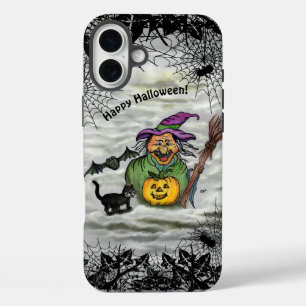 魔女、ネコ、こうもり、カボチャ、ハッピーハローウィン! iPhone 16 PLUSケース