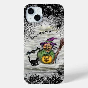 魔女、ネコ、こうもり、カボチャ、ハッピーハローウィン! iPhone 15 MINIケース