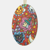 魔女、ネコ、幽霊、ハロウィンカラフルフォーク園 セラミックオーナメント (左)