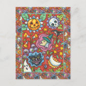 魔女、ネコ、幽霊、ハロウィンカラフルフォーク園 ポストカード (正面)