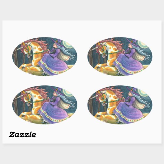 魔女&ハロウィーンユニコーン，黒猫ファンタジー 楕円形シール (シート)