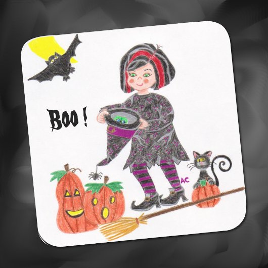 魔女、ブー!ハロウィン白ステッカー スクエアシール