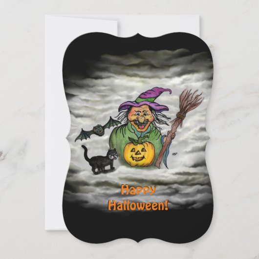 魔女、猫、コウモリとカボチャ、ハッピー ハロウィン！ 招待状 (正面)