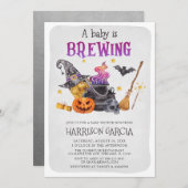 魔女Aベビーがハロウィーンのベビーシャワーを浴びようとしている 招待状 (正面/裏面)