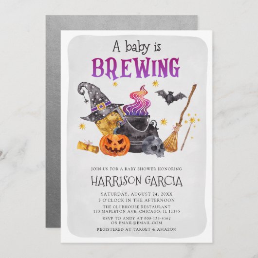 魔女Aベビーがハロウィーンのベビーシャワーを浴びようとしている 招待状 (正面/裏面)
