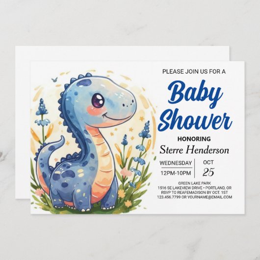 魔法おもしろいの青い恐竜の男の子の赤ちゃんシャワー 招待状 (正面/裏面)