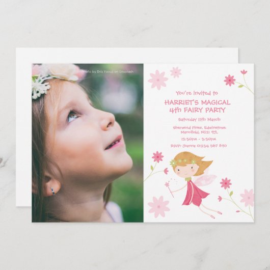 魔法お洒落の妖精の誕生日招待状と写真 招待状 (正面/裏面)