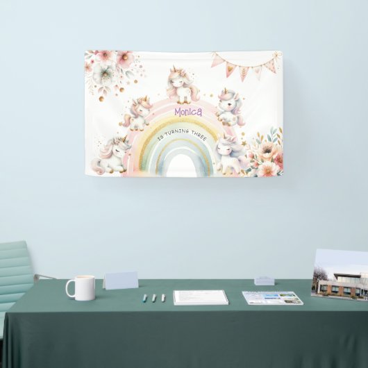 魔法お洒落パステルユニコーン子供の誕生日 横断幕 (トレードショー)