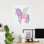 魔法かわいいユニコーンと虹の翼イラストレーション ポスター (ホームオフィス)