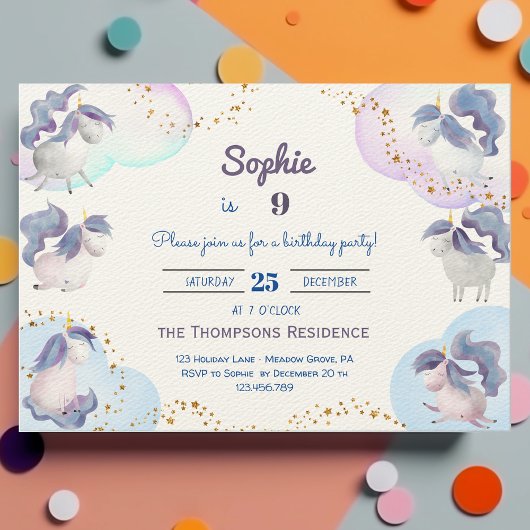 魔法かわいいユニコーン子供の誕生日 招待状