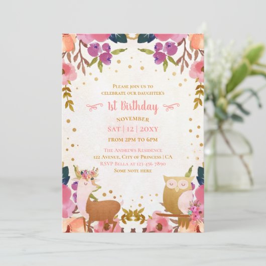 魔法かわいらしをかけられた森の動物1歳の誕生日 招待状 (スタンド正面)
