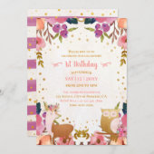 魔法かわいらしをかけられた森の動物1歳の誕生日 招待状 (正面/裏面)