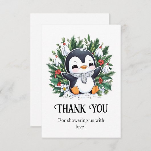 魔法かわいらしペンギン赤ちゃんシャワー サンキューカード (正面/裏面)