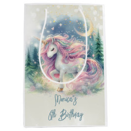 魔法きらめくお洒落ユニコーン子供の誕生日 ミディアムペーパーバッグ