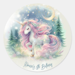 魔法きらめくお洒落ユニコーン子供の誕生日 ラウンドシール