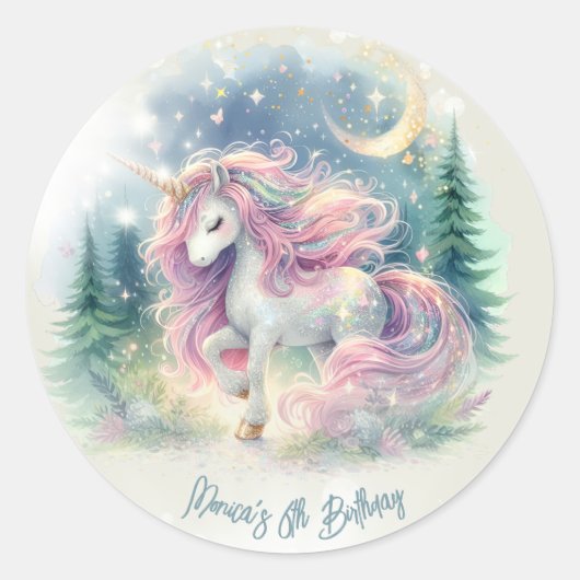 魔法きらめくお洒落ユニコーン子供の誕生日 ラウンドシール (正面)