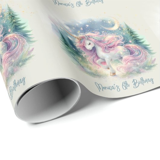魔法きらめくお洒落ユニコーン子供の誕生日 ラッピングペーパー (ロールコーナー)