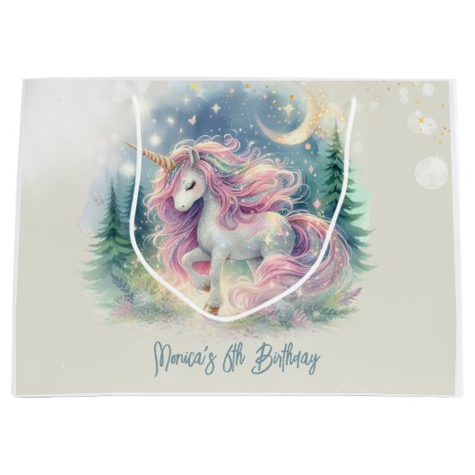 魔法きらめくお洒落ユニコーン子供の誕生日 ラージペーパーバッグ (正面)