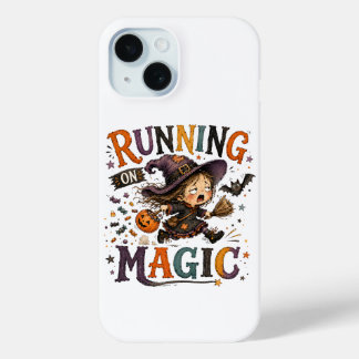 魔法で走る かわいいハロウィン魔女 水彩画A iPhone 15ケース