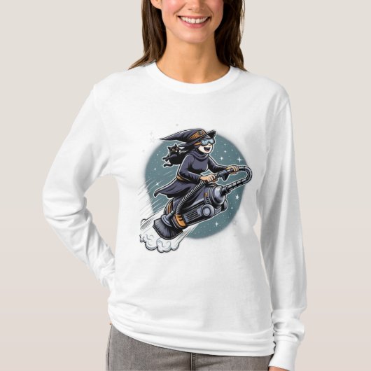 魔法とスピード:テクノロジーに乗ったハロウィーンの魔女! Tシャツ (正面)