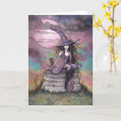 魔法にかけられた黄昏の魔女猫のハロウィーンアート カード (黄色い花)