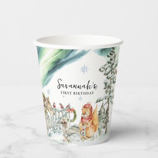 魔法に満ちた冬の森の誕生日 紙コップ (正面)