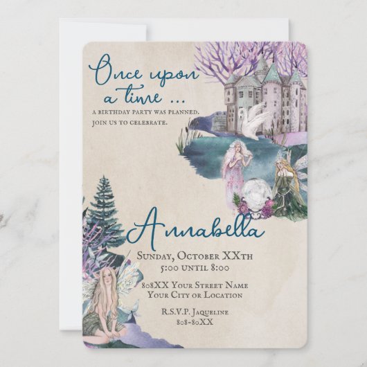 魔法のおとぎ話の夢の城と妖精 招待状 (正面)