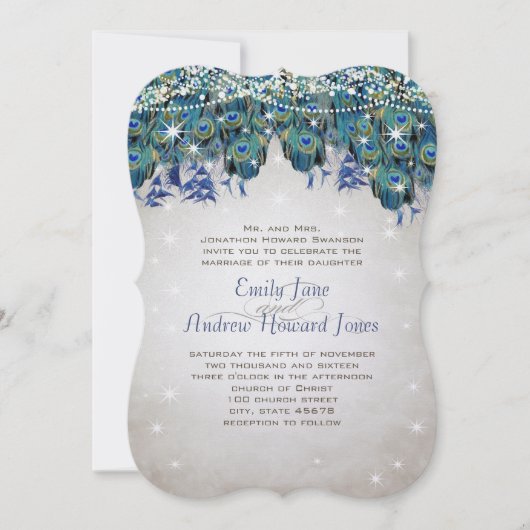 魔法のおとぎ話ライトネイビーターコイズ孔雀 招待状 (正面)