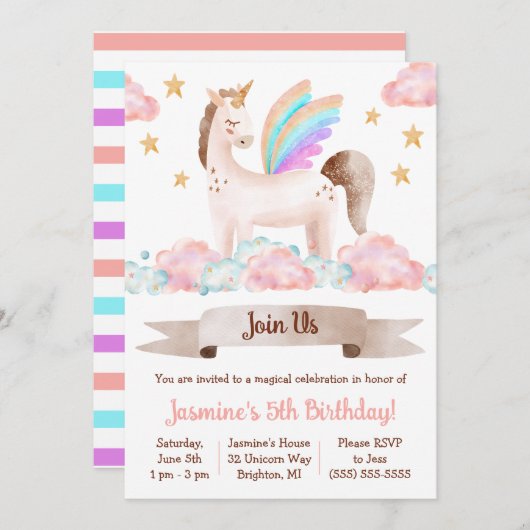 魔法のおとぎ話、ユニコーン、テーマ誕生日パーティー 招待状 (正面/裏面)