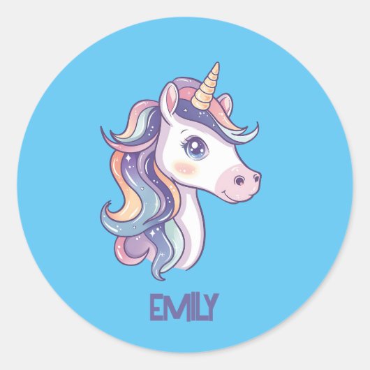 魔法のかわいいパステルユニコーンお子様の名前 ラウンドシール (正面)