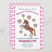 魔法のかわいいユニコーングリッター誕生日招待状 招待状 (正面/裏面)