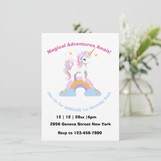 魔法のかわいい水色の虹のユニコーン誕生日 招待状 (スタンド正面)