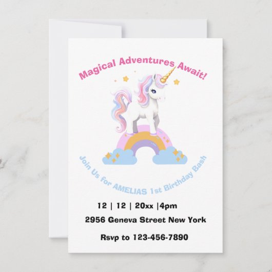 魔法のかわいい水色の虹のユニコーン誕生日 招待状 (正面)