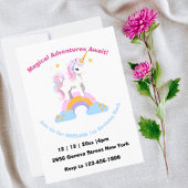 魔法のかわいい水色の虹のユニコーン誕生日 招待状