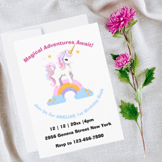 魔法のかわいい水色の虹のユニコーン誕生日 招待状
