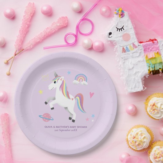 魔法のかわいい紫のユニコーン女の子の赤ちゃんシャワー ペーパープレート (パーティー)