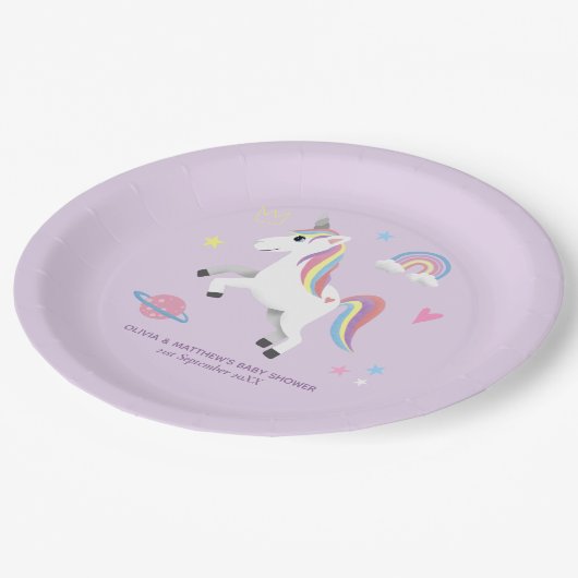 魔法のかわいい紫のユニコーン女の子の赤ちゃんシャワー ペーパープレート (アングル)